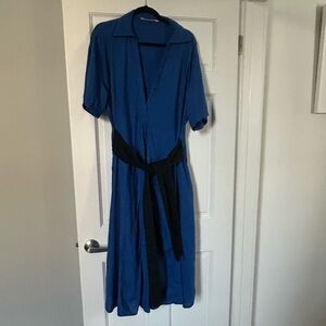Lora Gene Royal Blue Linen Shirt Dress with Black Waist Tie